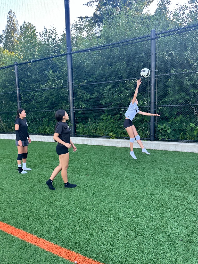 Outdoor volleyball training session on turf field